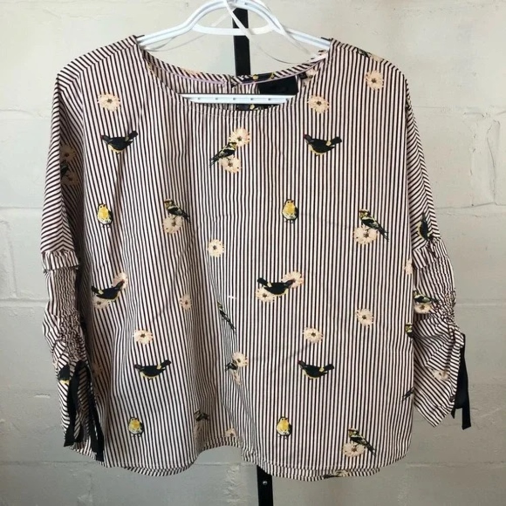 Nanette Lepore Striped Blouse with Bird and Floral Print